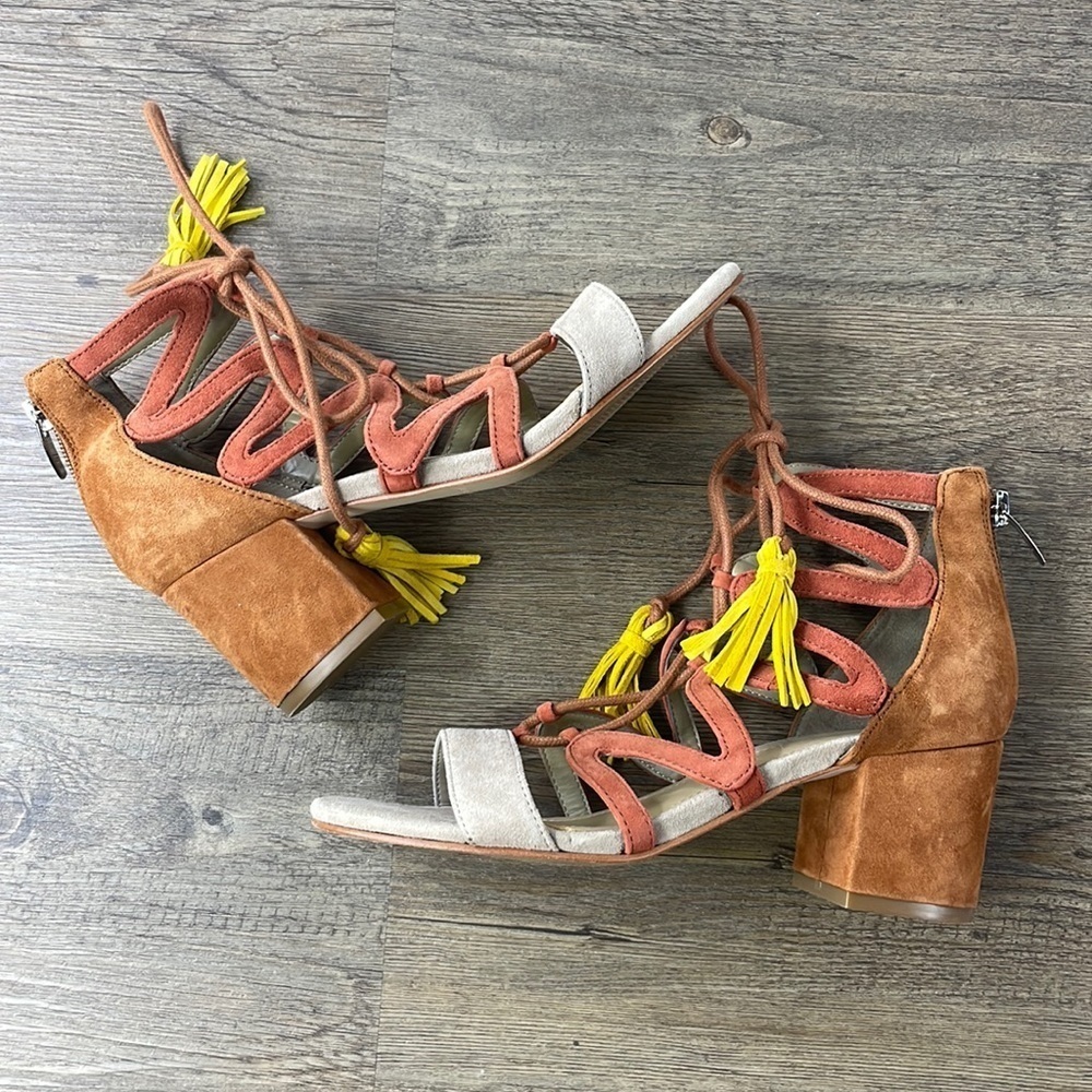 Marc Fisher Women’s Frayz Leather Block Heel Open Toe Sandal, Tan Brown, sz 6.5